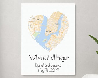 Where it all began map on canvas, Wedding day gift, Couple gift idea, Personalized canvas print, Wedding location map, Wood frame map print