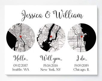 Personalized set of 3 maps, Met Engaged Married map locations, Any location on map map, Couple gift, Wedding Gift, Anniversary gift print