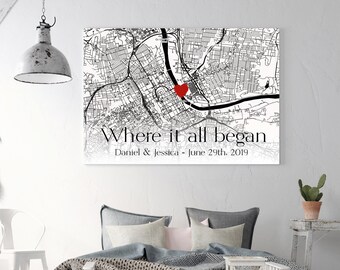 Where it all began map, Custom map print, Map on canvas, Any location map print, Personalized map print, Your names and date on map