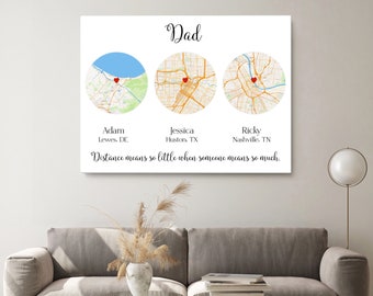 Lienzo con 3 mapas, impresión con 3 ubicaciones personalizadas, gif para papá, regalo del día del padre, regalo para papá de su hija, decoración de pared para papá, impresión enmarcada personalizada