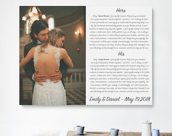 May include: A wedding vow print featuring a photograph of a couple dancing. The text reads "Hers" and "His" with vows for the bride and groom. The text at the bottom reads "Emily & Daniel - May 19, 2018".