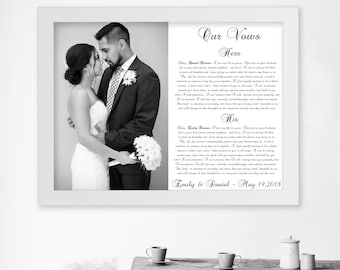 May include: A black and white photograph of a couple in a white frame with their wedding vows printed below the photo. The vows are titled "Our Vows" and are separated into "Hers" and "His". The text at the bottom of the frame reads "Emily & Daniel - May 19, 2018".