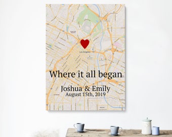 Valentines Day Gift, Gift for wife, Gift for Husband, Where it all began map, Personalized map canvas, Custom made map, Any location map art