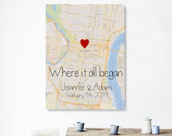 Where it all began canvas, Map canvas print, Personalized framed print, Valentines Day Gift, Any map canvas, Anniversary gift, Wedding gift