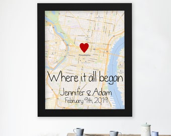 Where it all began map framed print, Map print, Personalized framed print, Anniversary Gift, Any map art, Wedding gift, Engagement gift art