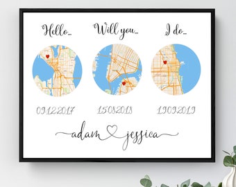 Framed maps canvas print, Wedding gift idea, Anniversary gift for wife, Couple gift idea, Christmas gift, Gift for Girlfriend, Map locations