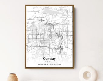 May include: A black and white map print of Conway, Arkansas. The map shows the city streets and landmarks. The text "Conway, Arkansas" and the coordinates "35° 05' 19" N | 92° 26' 31" W" are printed below the map.