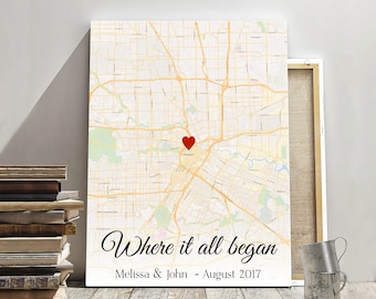 Custom street map canvas print, Personalized canvas print, Valentines Day Gift, Where it all began map, Any map print, Map coordinates art