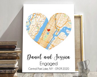 Newly Engaged Gift, Engagement gift for couple, Gift for women men, Custom Map Print Of Any Proposal Location, Engagement Map Canvas Print