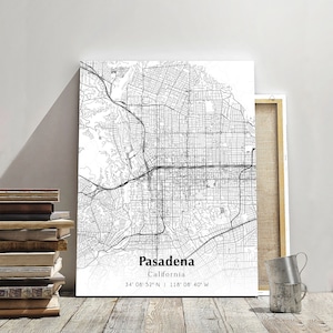 May include: Black and white map print of Pasadena, California. The map shows the city streets and includes the coordinates 34° 08' 52" N | 118° 08' 40" W.