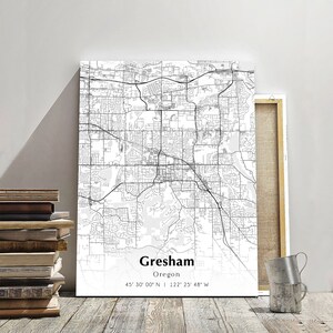 May include: A black and white map of Gresham, Oregon, with the city name and coordinates printed at the bottom. The map shows the street layout of the city.