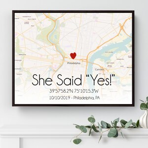 She said Yes, Engagement gift idea, Wedding gift, Personalized map canvas, Coordinates map canvas, Engagement location map, Map print Black Floater Frame