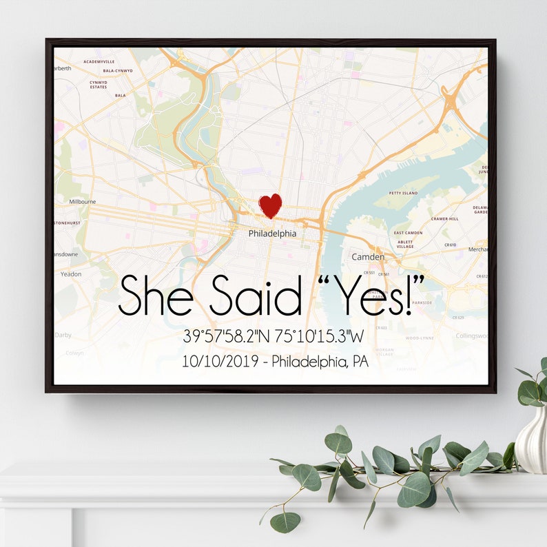 She said Yes, Engagement gift idea, Wedding gift, Personalized map canvas, Coordinates map canvas, Engagement location map, Map print Black Floater Frame