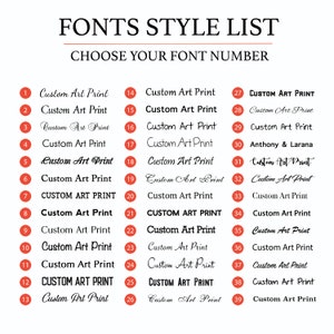May include: A list of 39 different font styles for custom art prints. Each font style is numbered and labeled "Custom Art Print". Some fonts are in all caps, while others are in lowercase. The list is on a white background with a red banner at the top that says "FONTS STYLE LIST CHOOSE YOUR FONT NUMBER".