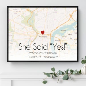 She said Yes, Engagement gift idea, Wedding gift, Personalized map canvas, Coordinates map canvas, Engagement location map, Map print Espresso Floater Fr.
