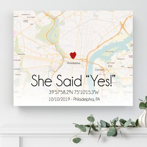 She said Yes, Engagement gift idea, Wedding gift, Personalized map canvas, Coordinates map canvas, Engagement location map, Map print image 2