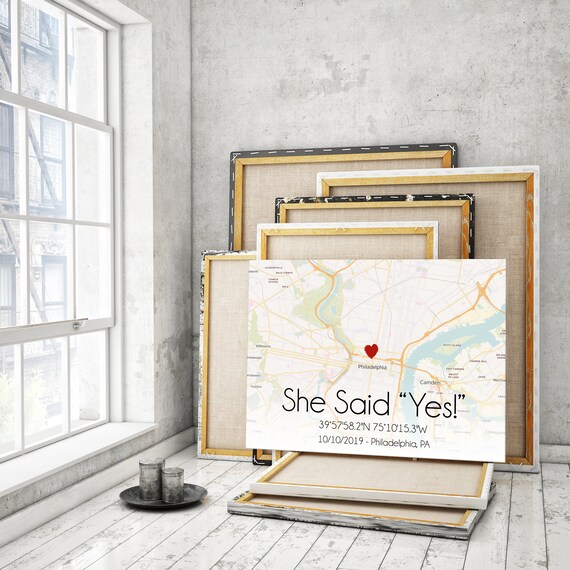 She said Yes, Engagement gift idea, Wedding gift, Personalized map canvas, Coordinates map canvas, Engagement location map, Map print