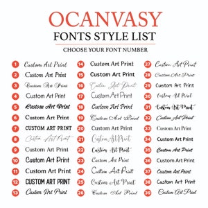 Puede incluir: Una lista de 39 estilos de fuente diferentes para impresiones de arte personalizadas. Cada estilo de fuente est&aacute; numerado del 1 al 39. El texto "OCANVASY FONTS STYLE LIST CHOOSE YOUR FONT NUMBER" est&aacute; en la parte superior de la imagen.