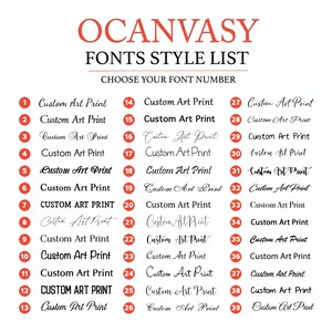 Pu&ograve; includere: Un elenco di 39 diversi stili di font per stampe d'arte personalizzate. Ogni stile di font &egrave; numerato da 1 a 39. Il testo "OCANVASY FONTS STYLE LIST CHOOSE YOUR FONT NUMBER" &egrave; in cima all'immagine.