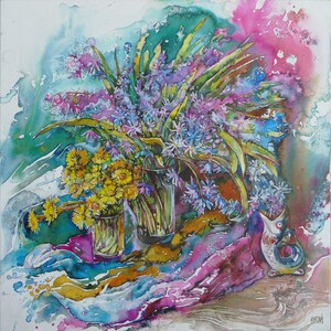 Still life with spring yellow and blue flowers