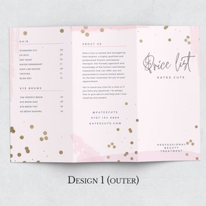 May include: A pink and white tri-fold brochure with gold confetti. The brochure advertises Kate's Cuts, a beauty salon, and lists prices for hair and eyebrow services. The brochure includes the salon's social media handle and website.
