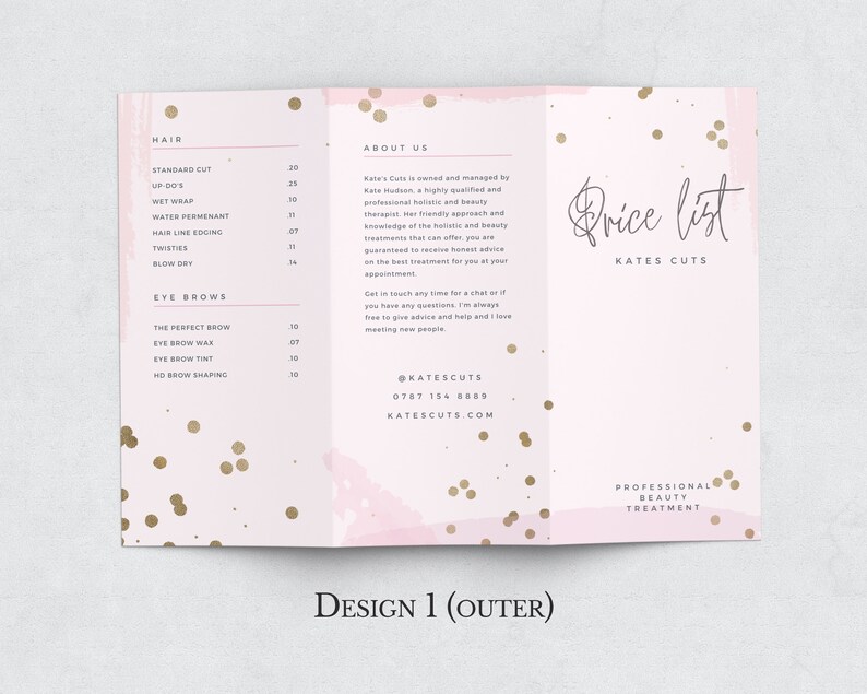May include: A pink and white tri-fold brochure with gold confetti. The brochure advertises Kate's Cuts, a beauty salon, and lists prices for hair and eyebrow services. The brochure includes the salon's social media handle and website.