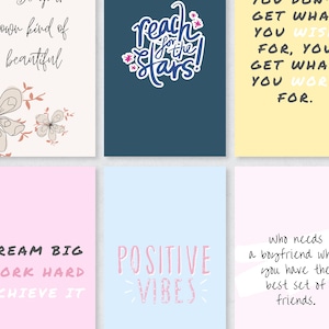Puede incluir: Seis tarjetas coloridas con citas inspiradoras. Las citas son: "Reach for the stars", "You don't get what you wish for, you get what you work for", "Dream big, work hard, achieve it", "Positive vibes", "Who needs a boyfriend when you have the best set of friends", and "Own kind of beautiful".