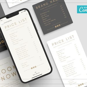 Puede incluir: Una lista de precios negra y dorada para una peluquer&iacute;a o un negocio de belleza. La lista incluye servicios como cortes est&aacute;ndar, recogidos, envolturas h&uacute;medas, agua, permanente, contornos de cabello y trenzas. Los precios est&aacute;n en euros.
