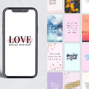 Puede incluir: Una colecci&oacute;n de 10 fondos de pantalla para tel&eacute;fono con citas y dise&ntilde;os inspiradores. Los fondos de pantalla presentan una variedad de colores y estilos, incluyendo rosa, azul y blanco. Las citas incluyen "Amar con todo tu coraz&oacute;n", "La vida es una aventura", "Un d&iacute;a a la vez" y "&iexcl;Carpe diem!"