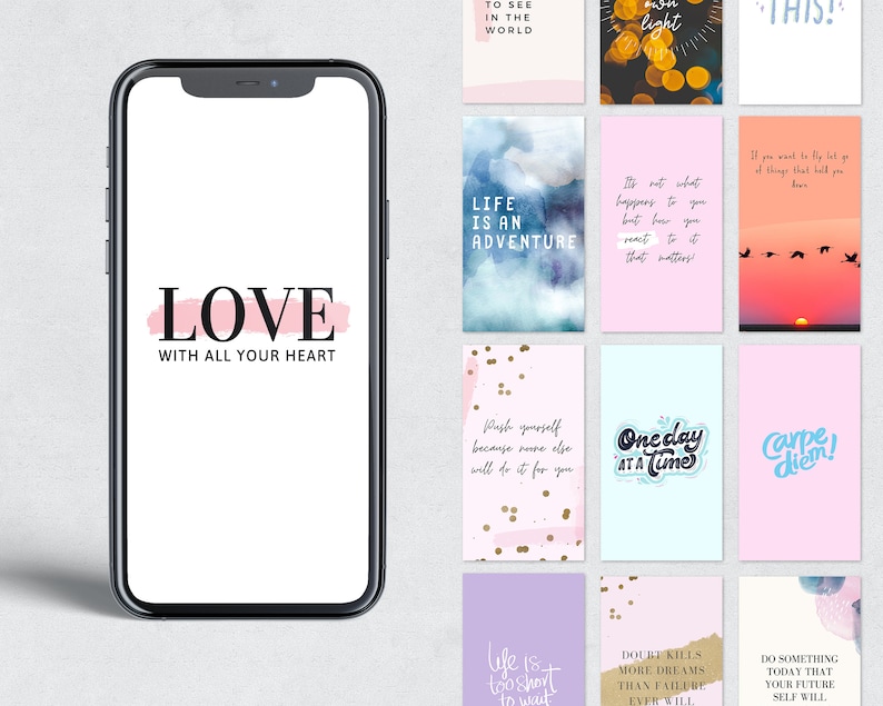 Puede incluir: Una colecci&oacute;n de 10 fondos de pantalla para tel&eacute;fono con citas y dise&ntilde;os inspiradores. Los fondos de pantalla presentan una variedad de colores y estilos, incluyendo rosa, azul y blanco. Las citas incluyen "Amar con todo tu coraz&oacute;n", "La vida es una aventura", "Un d&iacute;a a la vez" y "&iexcl;Carpe diem!"