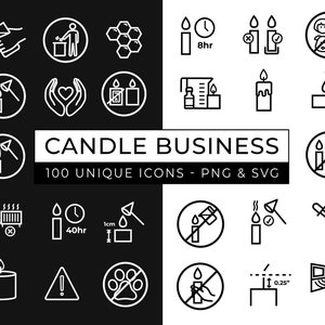 Conjunto de iconos de cuidado de velas / Iconos de velas / Iconos de negocios de velas / Iconos de advertencia de velas / Iconos de fabricación de velas / Iconos de seguridad