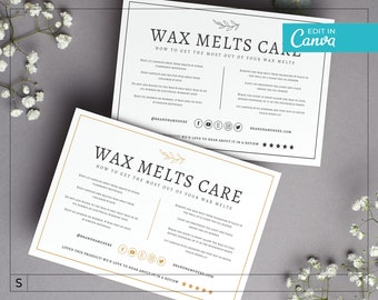 May include: A white card with gold accents and black text provides instructions on how to get the most out of wax melts. The card includes the text "Wax Melts Care" and "How to get the most out of your wax melts".