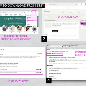 May include: A step-by-step guide on how to download digital products from Etsy. The image shows screenshots of the Etsy website with instructions on how to access purchases, download files, and open text files.