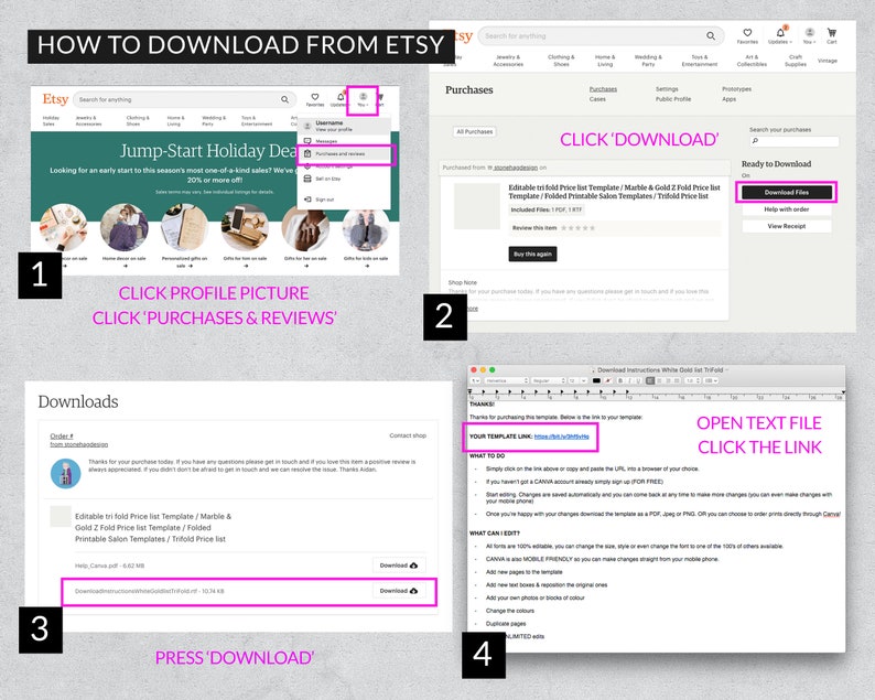 May include: A step-by-step guide on how to download digital products from Etsy. The image shows screenshots of the Etsy website with instructions on how to access purchases, download files, and open text files.