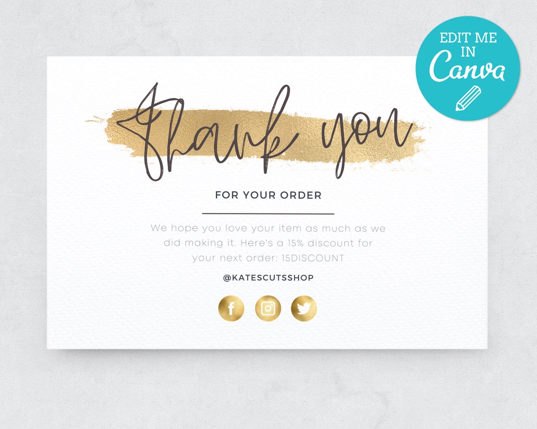 Gold Thank You Card Template / Editable Thank You for Your Order ...