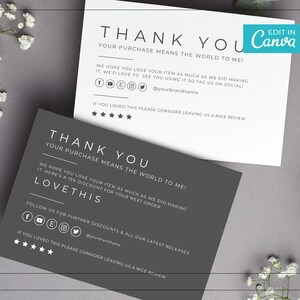 Puede incluir: Una tarjeta de agradecimiento en blanco y negro con el texto "Thank You Your Purchase Means The World To Me!" e iconos de redes sociales. La tarjeta también incluye un código de descuento del 15% para el próximo pedido.