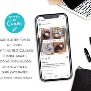 May include: A smartphone displays an Instagram post with the text "OUR BESTSELLERS" and images of candles. Surrounding the phone are makeup items and a small black pouch. Text on the left side reads "EDIT ME IN Canva" and details about editable templates.