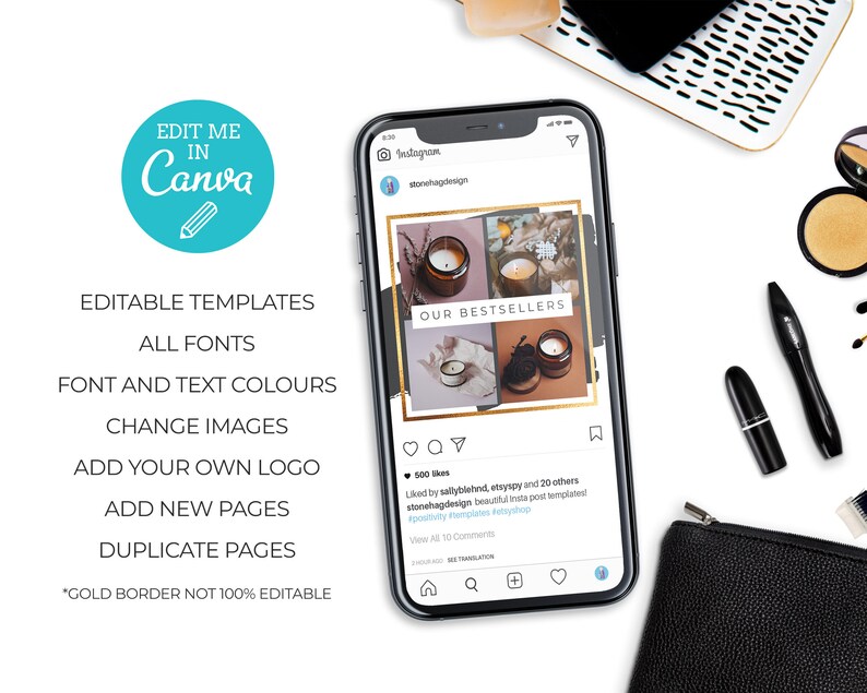 May include: A smartphone displays an Instagram post with the text "OUR BESTSELLERS" and images of candles. Surrounding the phone are makeup items and a small black pouch. Text on the left side reads "EDIT ME IN Canva" and details about editable templates.