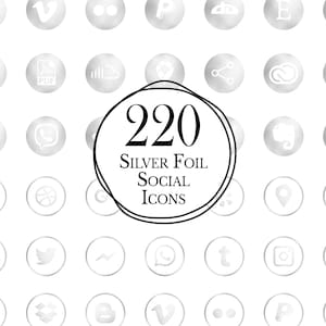 220 Silver Foil Social Media Icons / Silver Circle Icons / Website Icons / Blog Icons / Metallic Button Icons / Commercial Use / PNG