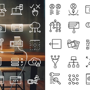May include: A collection of black and white line icons depicting various business and technology concepts, including data security, user interface design, online payments, and network connections.