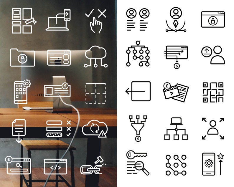 May include: A collection of black and white line icons depicting various business and technology concepts, including data security, user interface design, online payments, and network connections.
