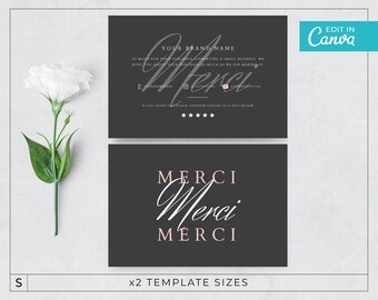 May include: A black and white thank you card with the word "Merci" written in a cursive font. The card has a gray background and the text "Your Brand Name" is at the top.