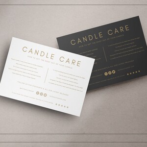 May include: Two white and black cards with gold text that reads "Candle Care" and instructions on how to get the most out of your candle. The cards also include social media icons and a website address.