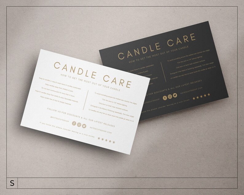 May include: Two white and black cards with gold text that reads "Candle Care" and instructions on how to get the most out of your candle. The cards also include social media icons and a website address.