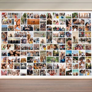 May include: A framed photo collage featuring numerous small photos of people. The photos are arranged in a grid pattern, showcasing various groups of people smiling and interacting. The frame is a light wood color, and the overall aesthetic is warm and inviting.