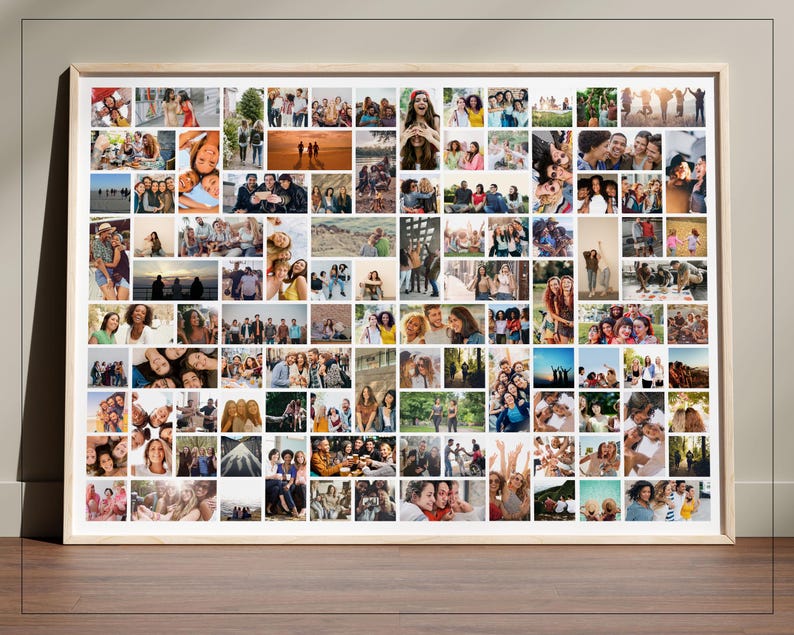 May include: A framed photo collage featuring numerous small photos of people. The photos are arranged in a grid pattern, showcasing various groups of people smiling and interacting. The frame is a light wood color, and the overall aesthetic is warm and inviting.