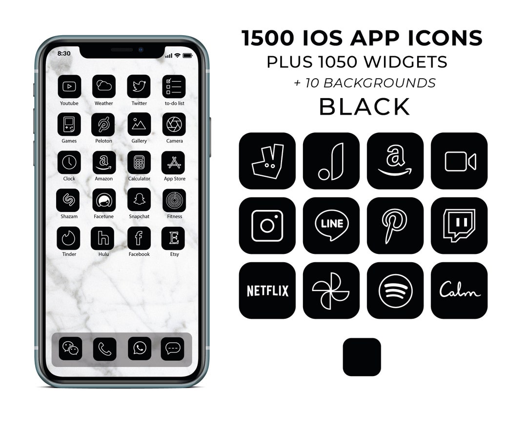 1500 Minimalist Black Ios 14 App Icons / Social Media Icons 