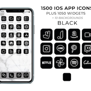 1500 Minimalist Black iOS 14 App Icons / Social Media icons iOS14 & Widgets / iPhone Icon App Pack / Black Aesthetic Icon / Black Icons iOS