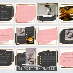 May include: A collection of 12 square social media post templates with a gold frame, black and pink accents, and various text overlays. The templates include phrases like "Get in Touch," "Black Friday," and "New Release." The bottom of the image reads "45 POST TEMPLATES."
