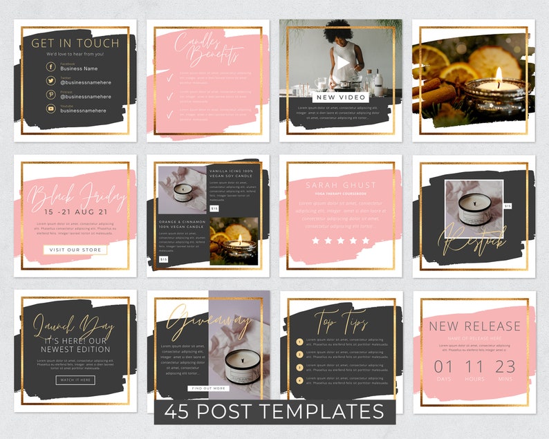 May include: A collection of 12 square social media post templates with a gold frame, black and pink accents, and various text overlays. The templates include phrases like "Get in Touch," "Black Friday," and "New Release." The bottom of the image reads "45 POST TEMPLATES."